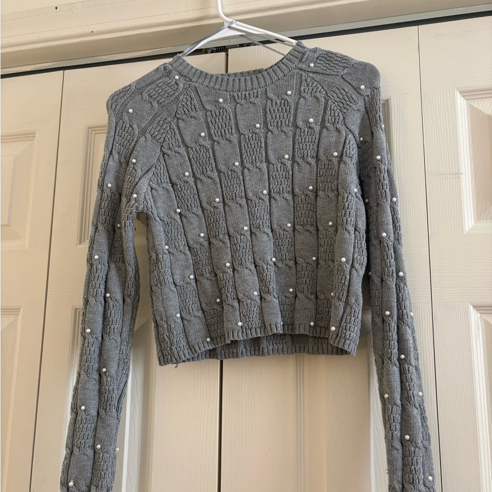 Gray Pearl-Accent Cable Knit Women's Sweater